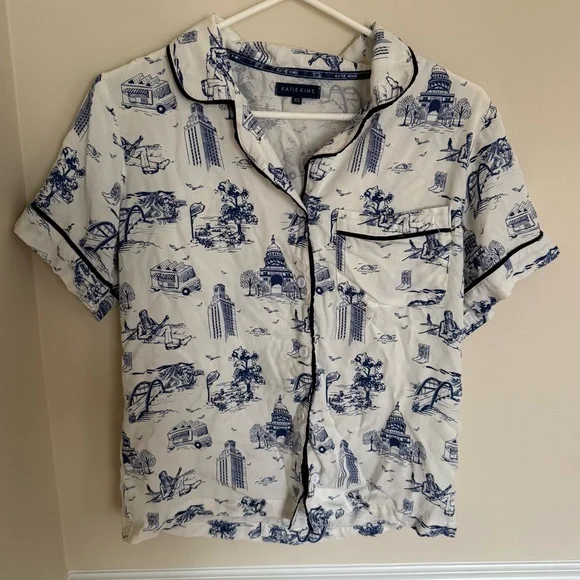 Blue Katie Kime XS Austin Texas Print Toile Short Sleeve 100% Cotton Pajama Top - Picture 3 of 7